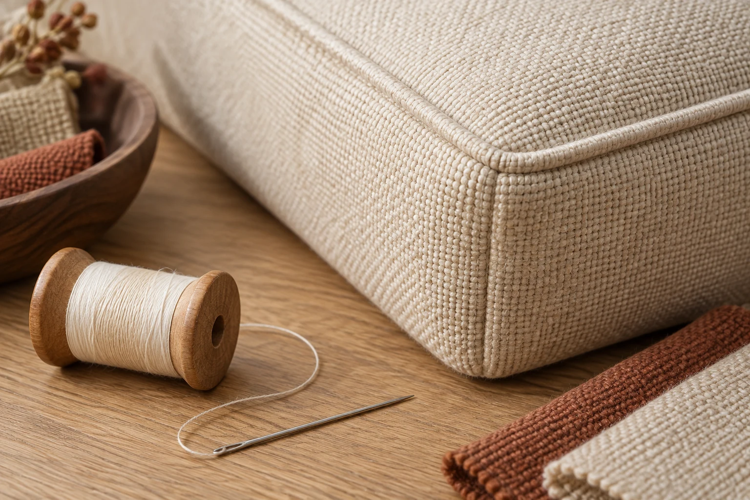 AI-created illustration of upholstery piping, woven fabric, needle and thread