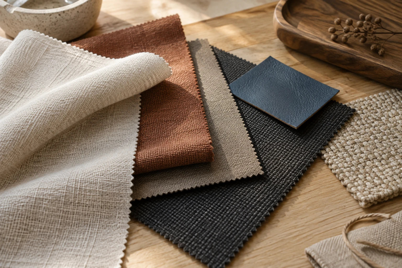 AI-created illustration of warm upholstery fabric samples and a blue leather sample