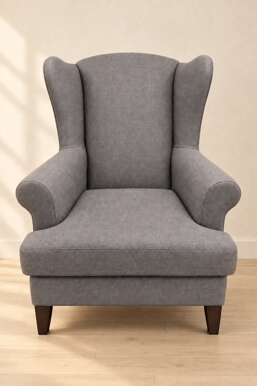 Studio-styled illustration based on Cache’s grey wingback chair, with an AI-edited background